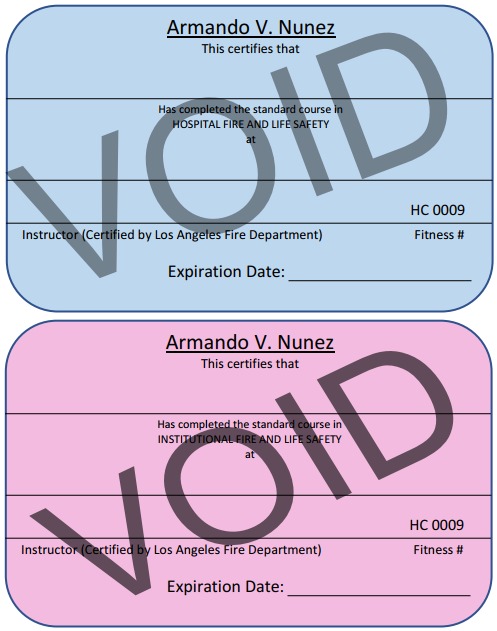 Official LA City Hospital Fire and Life Safety Blue and Pink Cards